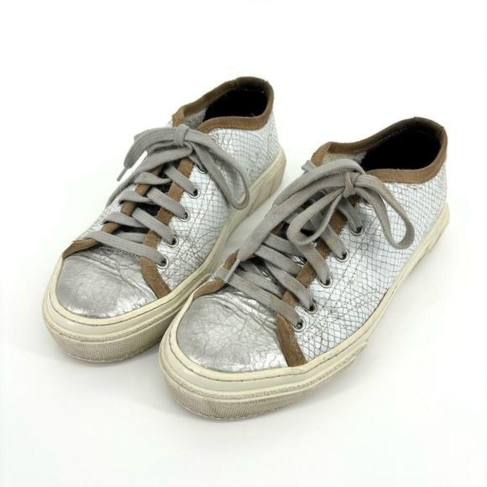 P448 Sally Low‎ Top Sneakers Size 7 Reptile Print White Tan Metallic Leather